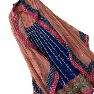 Handmade Women Anarkali Dress Scarf Set Blue Pink Embroidered Sequin Formal